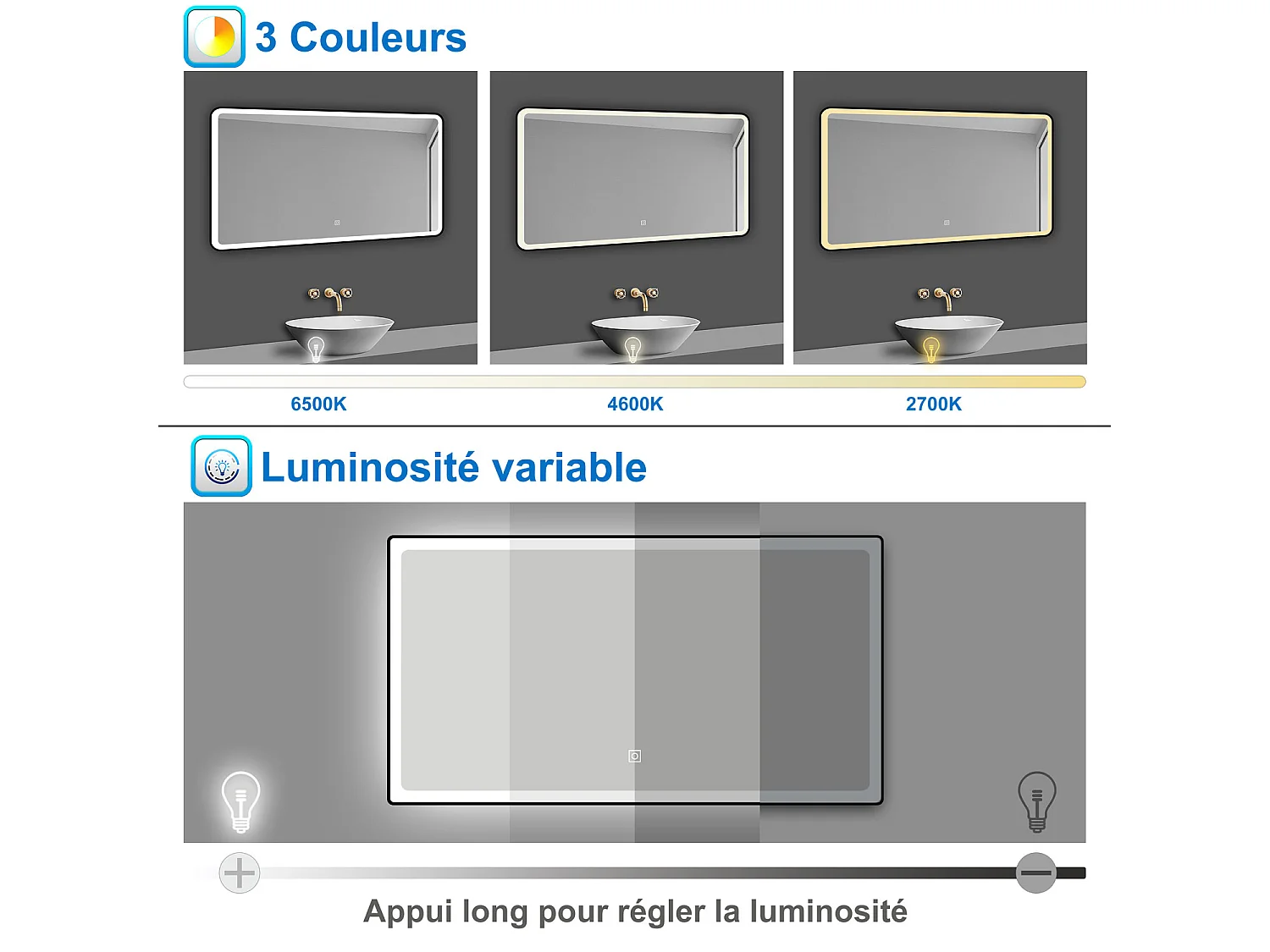 AICA Miroir lumineux 70x50cm 3 couleurs + anti-buée + dimmable + mémoire miroir salle de bain