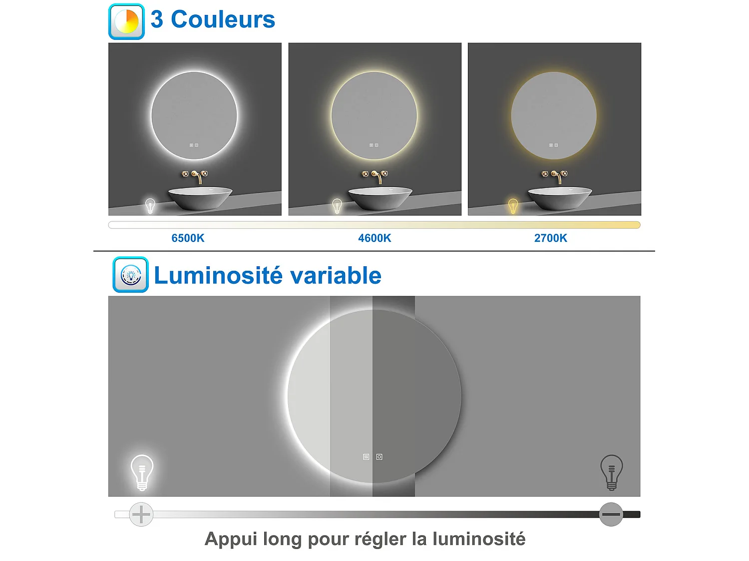 AICA LED Miroir lumineux rond 90cm 3 couleurs + anti-buée + dimmable + mémoire miroir salle de bain