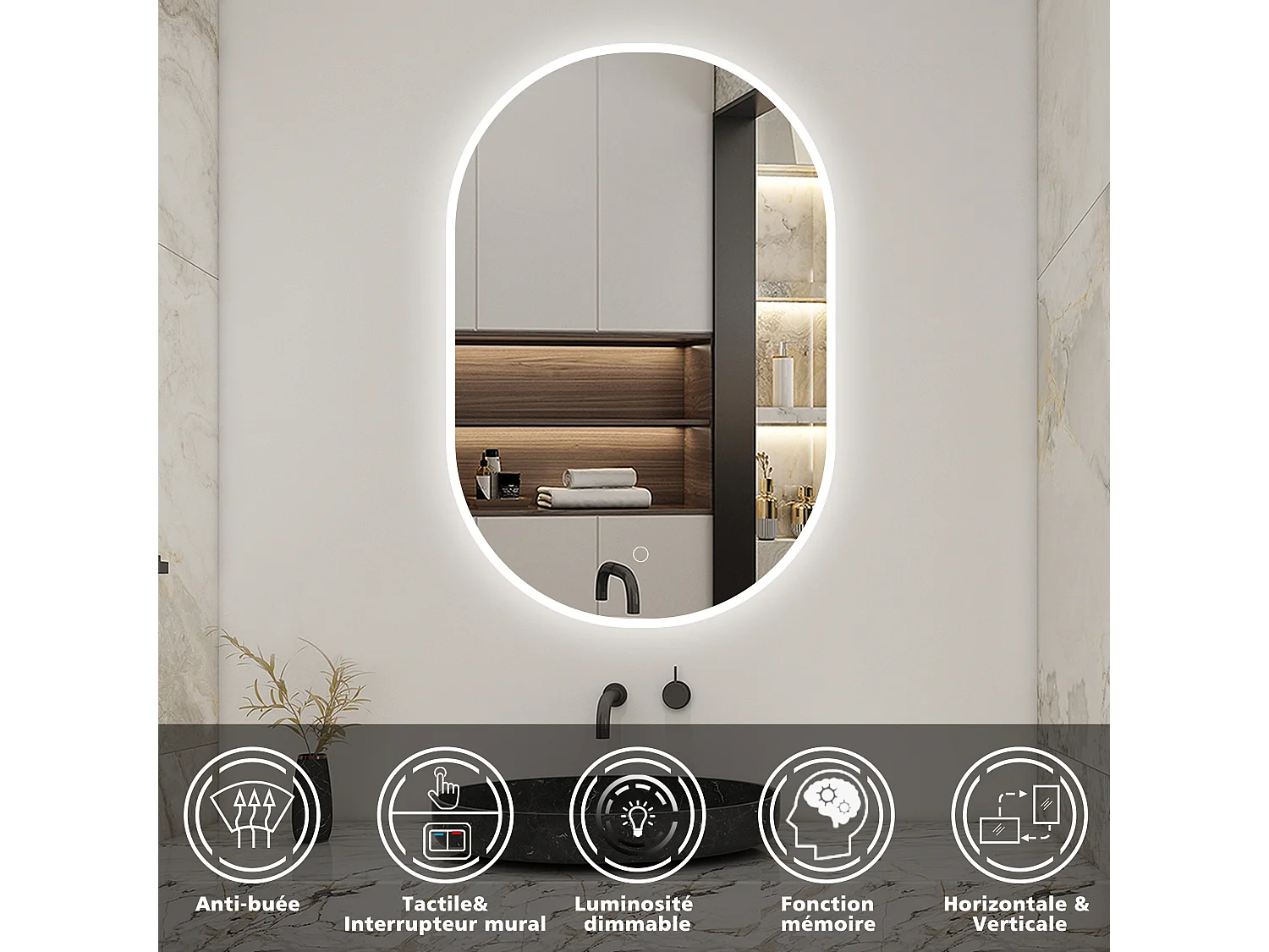 AICA LED Miroir lumineux ovale 60 x 80cm avec anti-buée + dimmable + mémoire, Miroir salle de bain