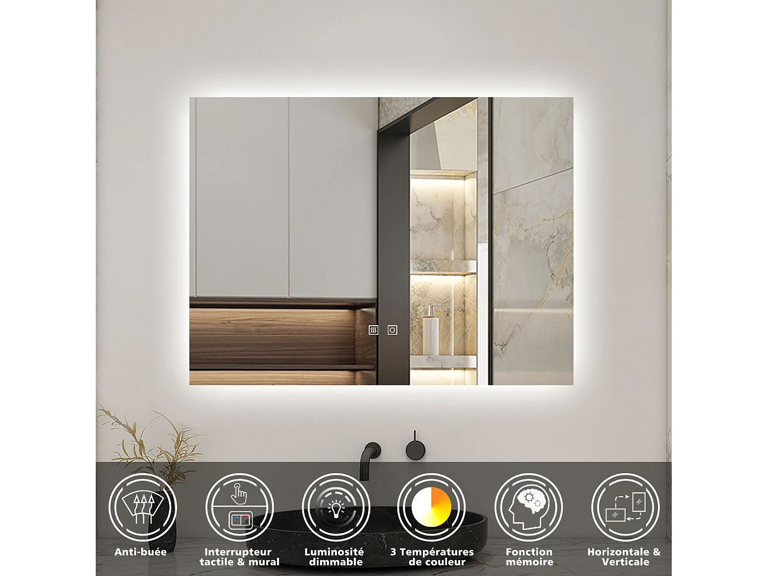 AICA LED Miroir lumineux 70x50cm 3 couleurs + anti-buée + dimmable + mémoire miroir salle de bain