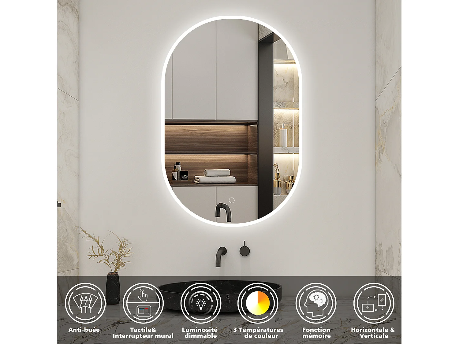 AICA LED Miroir lumineux ovale 45 x 80cm avec anti-buée + 3 Couleurs + dimmable + mémoire, Miroir salle de bain