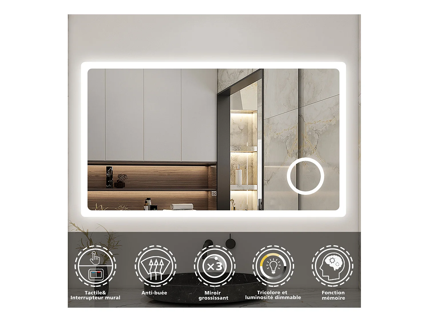 AICA LED Miroir lumineux loupe + tricolore + 3 couleurs + dimmable + anti-buée 160x80cm salle de bain mémoire,tactile