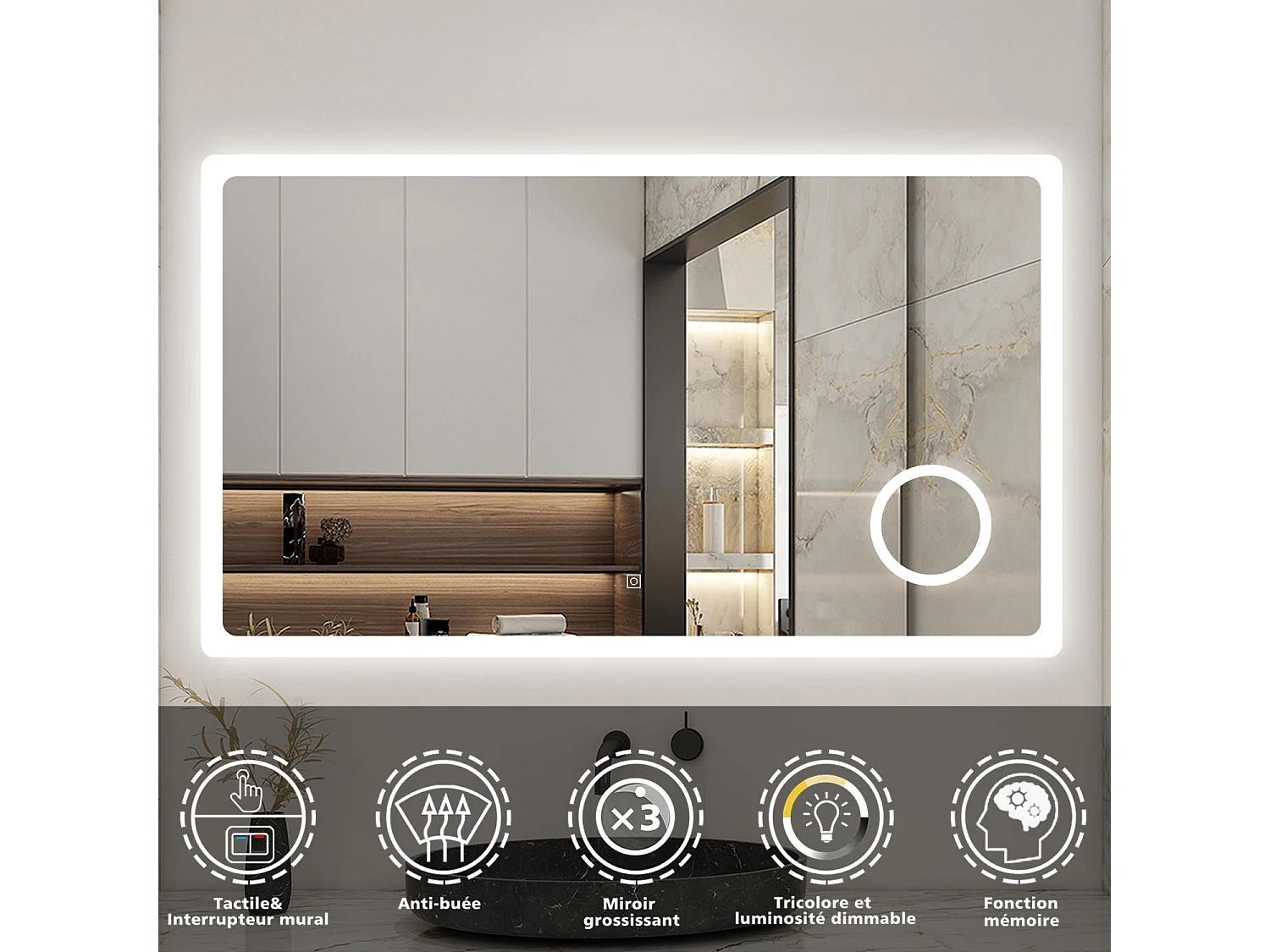 AICA LED Miroir lumineux loupe + tricolore + 3 couleurs + dimmable + anti-buée 160x80cm salle de bain mémoire,tactile