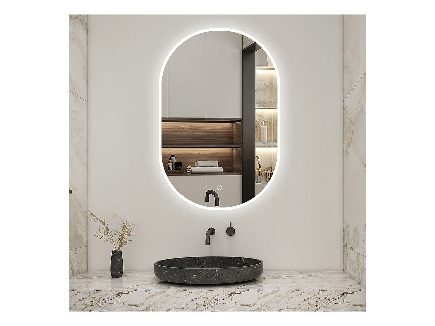 AICA LED Miroir lumineux ovale 45 x 90cm avec anti-buée + 3 Couleurs + dimmable + mémoire, Miroir salle de bain