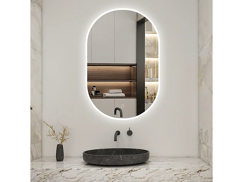 AICA LED Miroir lumineux ovale 60 x 90cm avec anti-buée + 3 Couleurs + dimmable + mémoire, Miroir salle de bain