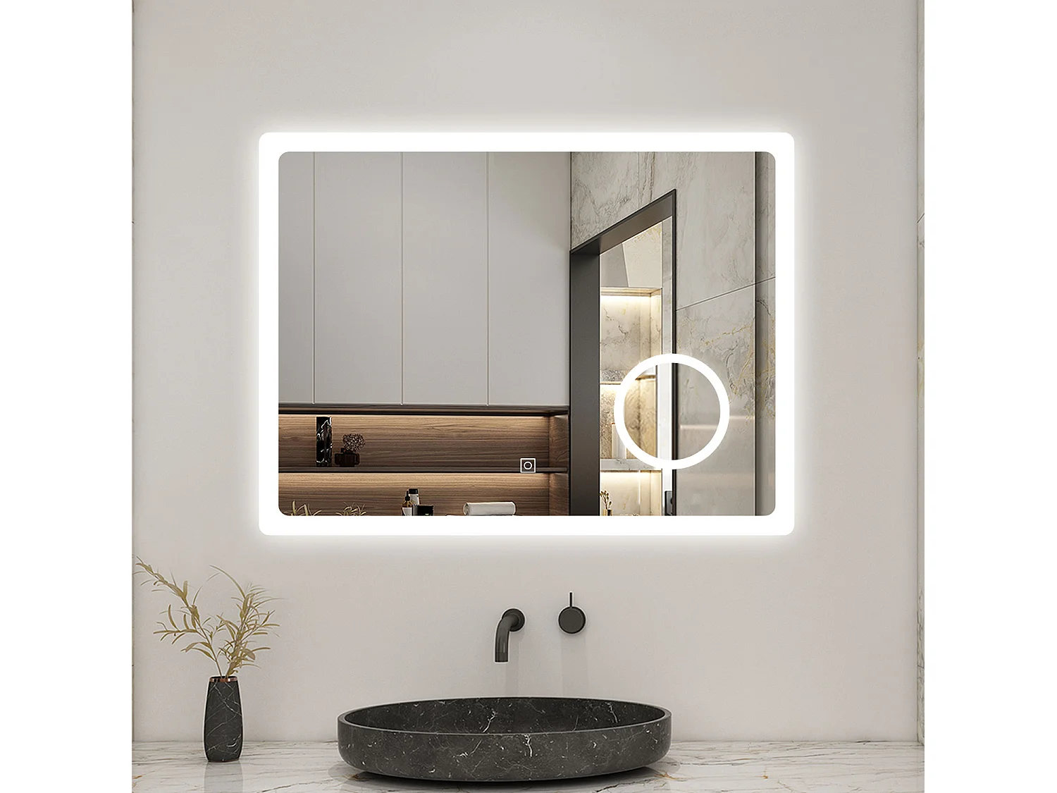 AICA LED Miroir lumineux loupe + tricolore + 3 couleurs + dimmable + anti-buée 80x60cm salle de bain mémoire,tactile