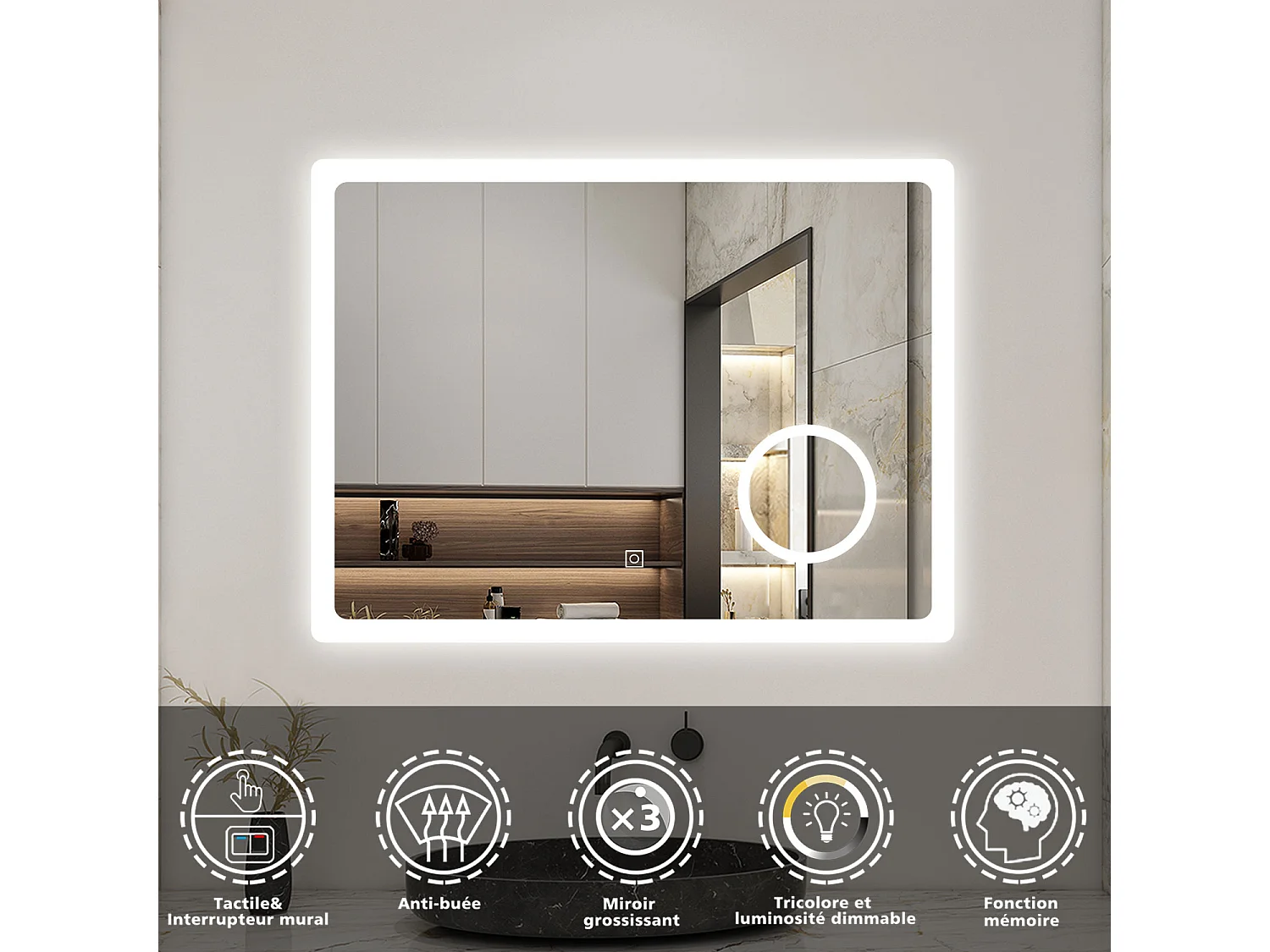 AICA LED Miroir lumineux loupe + tricolore + 3 couleurs + dimmable + anti-buée 80x60cm salle de bain mémoire,tactile