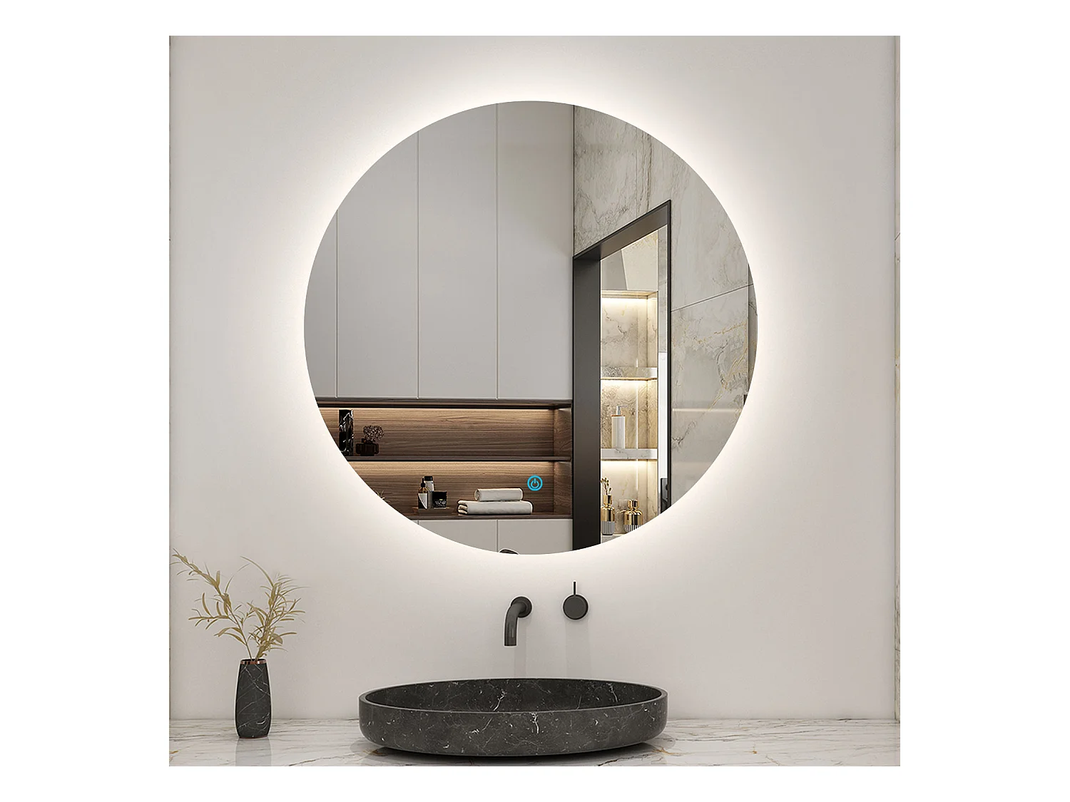 AICA LED Miroir lumineux rond 90cm anti-buée + dimmable + mémoire miroir salle de bain