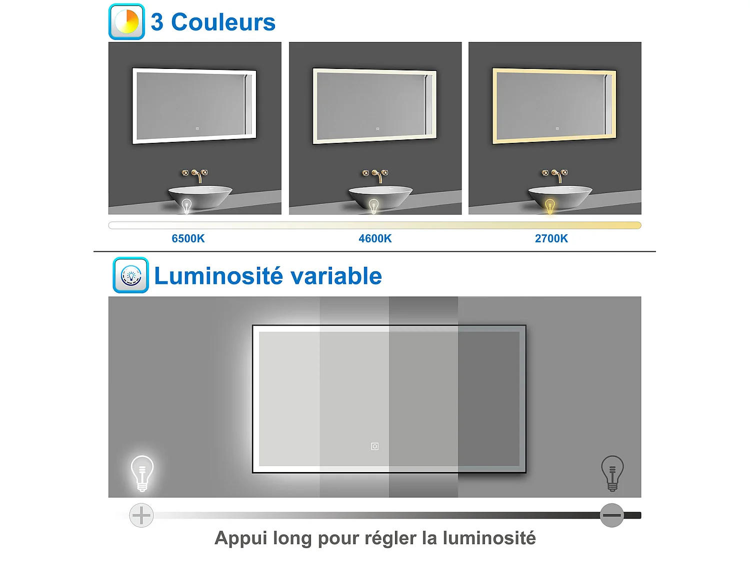 AICA Miroir lumineux 70x50cm 3 couleurs + dimmable + anti-buée + mémoire, miroir salle de bain LED