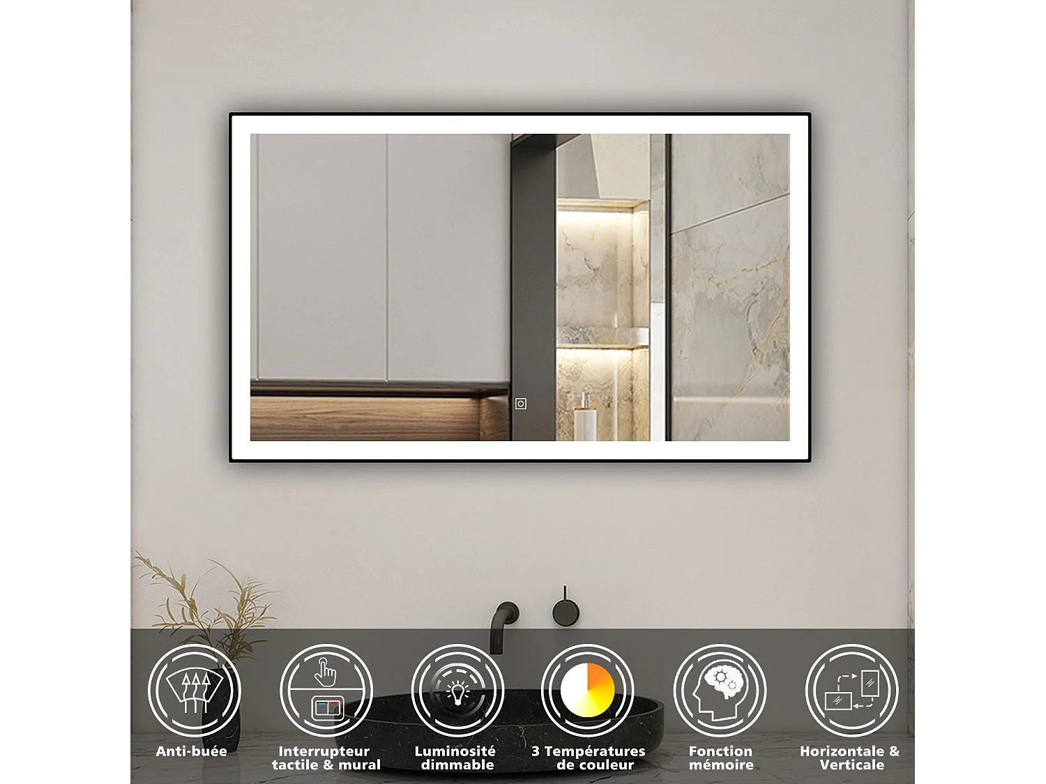 AICA Miroir lumineux 70x50cm 3 couleurs + dimmable + anti-buée + mémoire, miroir salle de bain LED