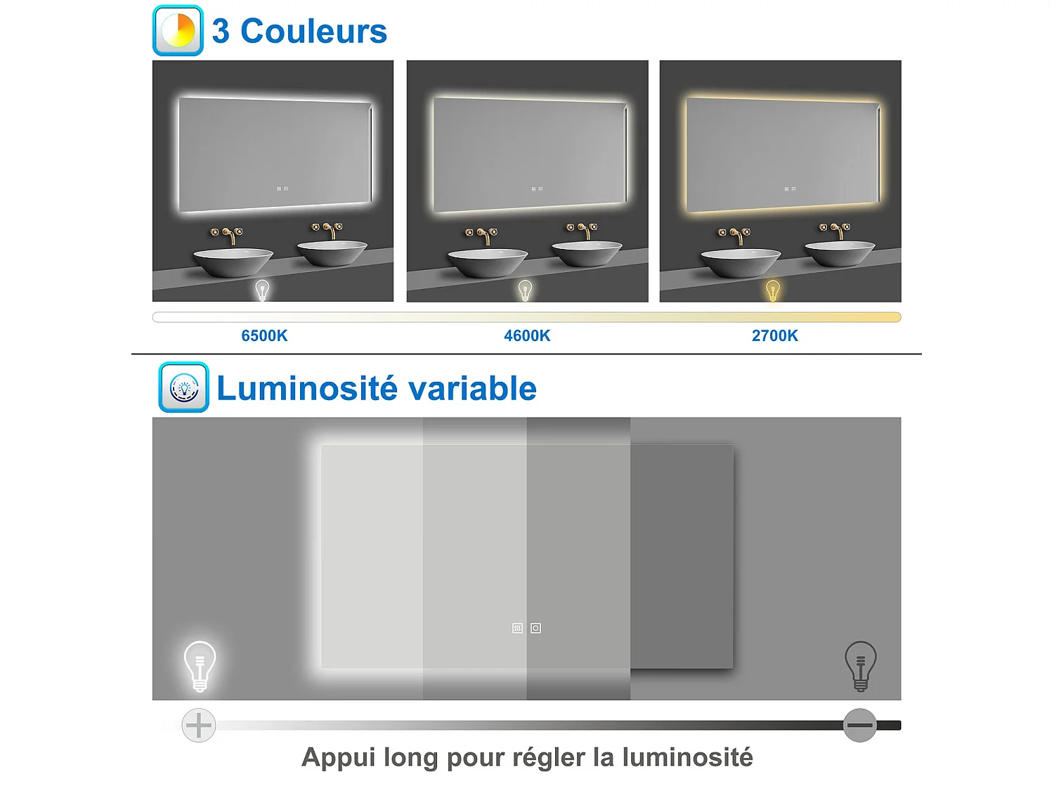 AICA LED Miroir lumineux 100x60cm 3 couleurs + anti-buée + dimmable + mémoire miroir salle de bain
