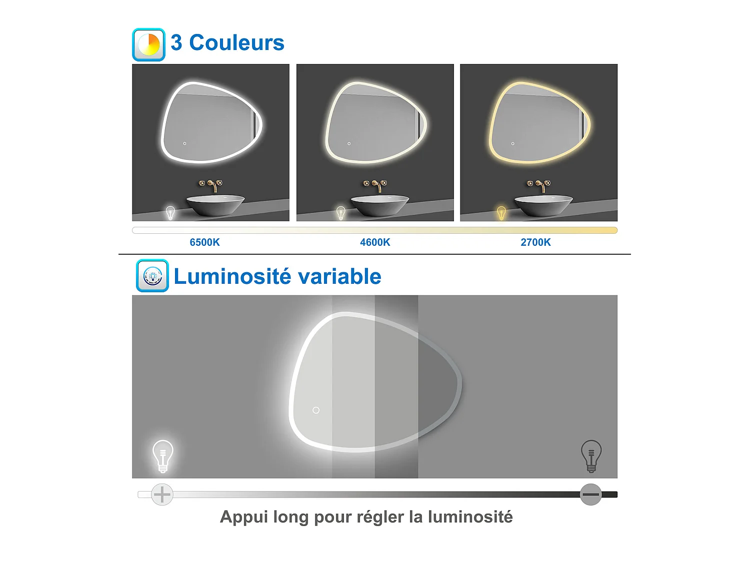 AICA LED Miroir lumineux 100 x 80cm avec anti-buée + 3 Couleurs + dimmable + mémoire, Miroir salle de bain