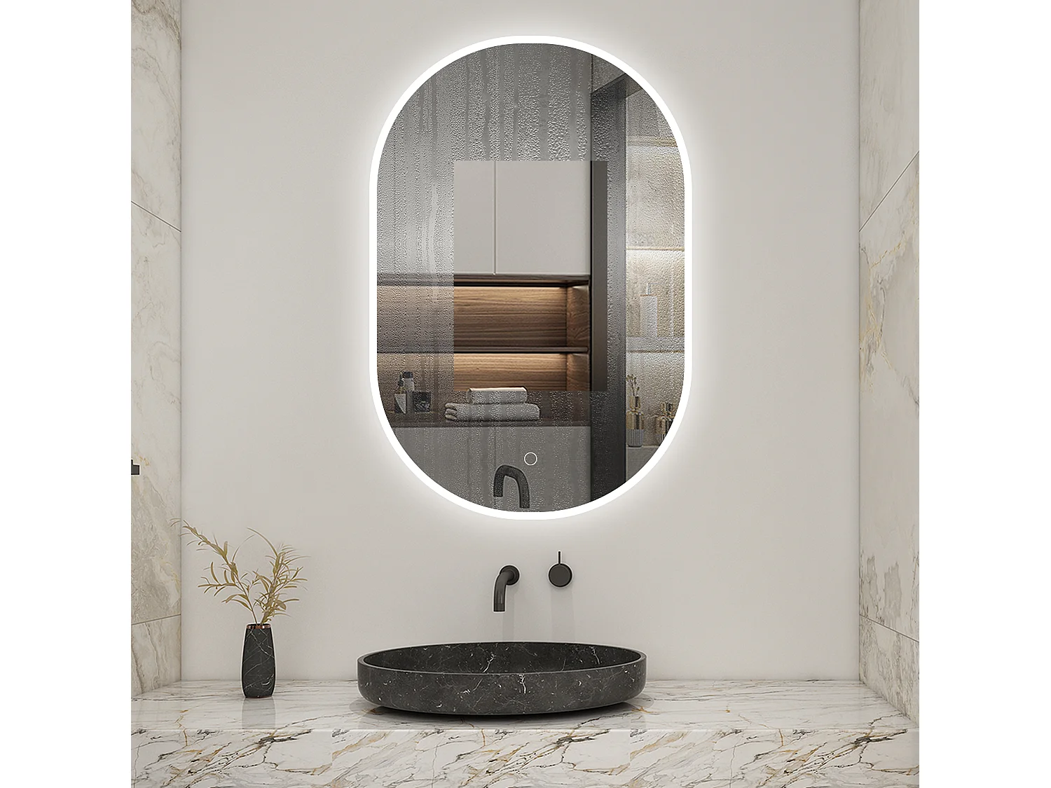 AICA LED Miroir lumineux ovale 60 x 90cm avec anti-buée + dimmable + mémoire, Miroir salle de bain