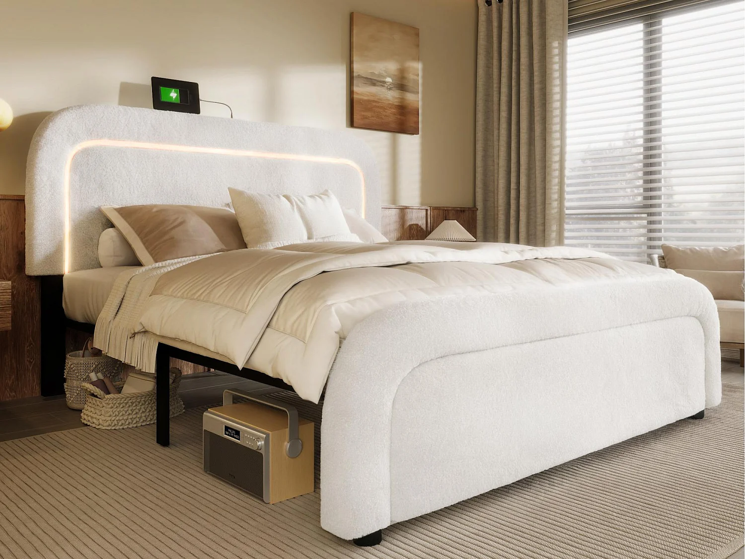 Cama doble acolchada Sherpa - 160x200cm - con LED y puertos de carga - Blanco