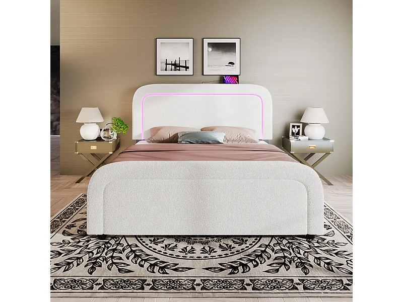 Lit double rembourré en sherpa - 160x200cm - avec LED et ports de charge - Blanc