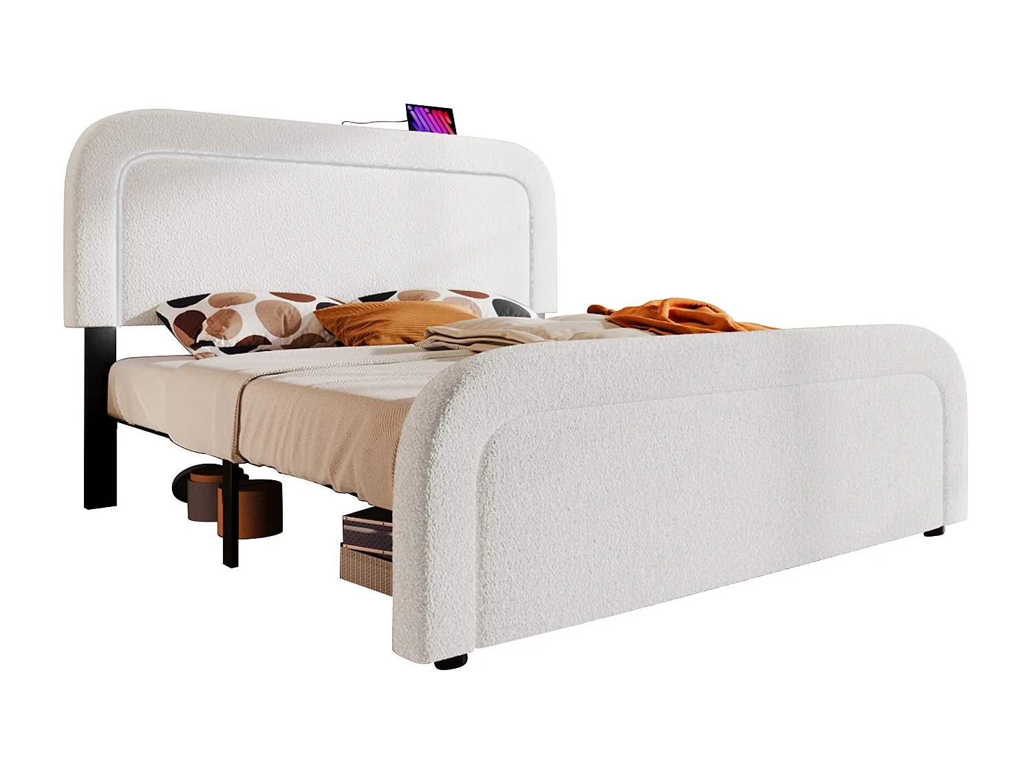 Lit double rembourré en sherpa - 160x200cm - avec LED et ports de charge - Blanc