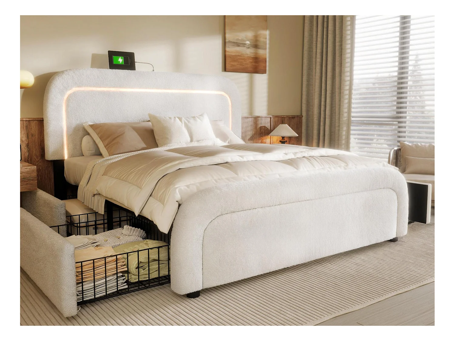 Lit double rembourré en sherpa avec 4 tiroirs - 160x200cm - avec LED et ports de charge - Blanc