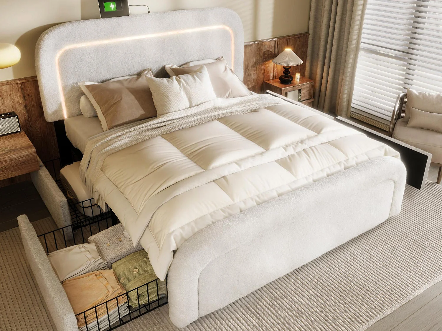 Lit double rembourré en sherpa avec 4 tiroirs - 160x200cm - avec LED et ports de charge - Blanc