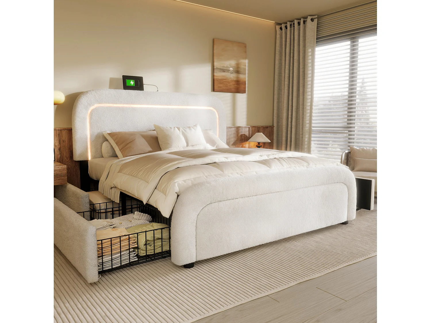 Lit double rembourré en sherpa avec 4 tiroirs - 160x200cm - avec LED et ports de charge - Blanc