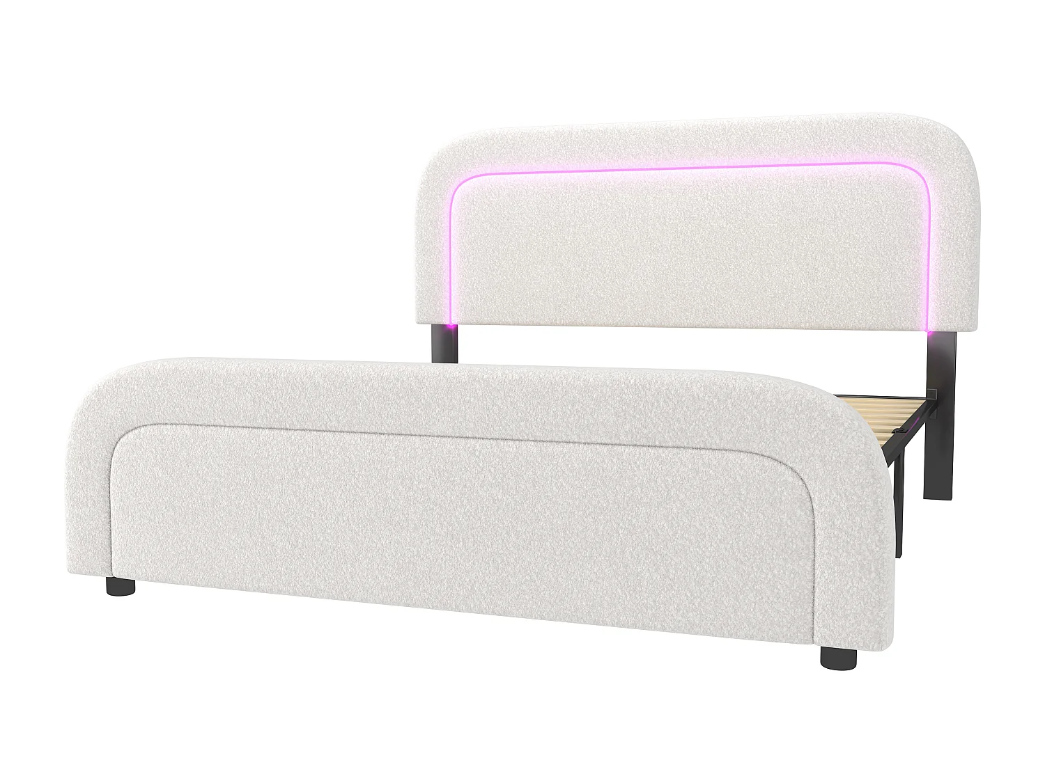 Lit double rembourré en sherpa - 140x200cm - avec LED et ports de charge - Blanc