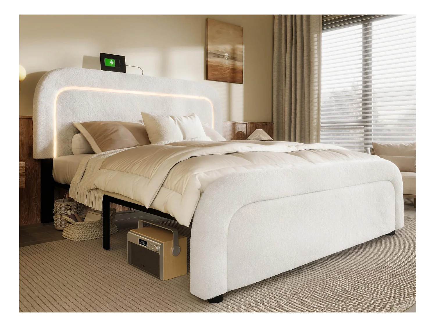 Lit double rembourré en sherpa - 140x200cm - avec LED et ports de charge - Blanc