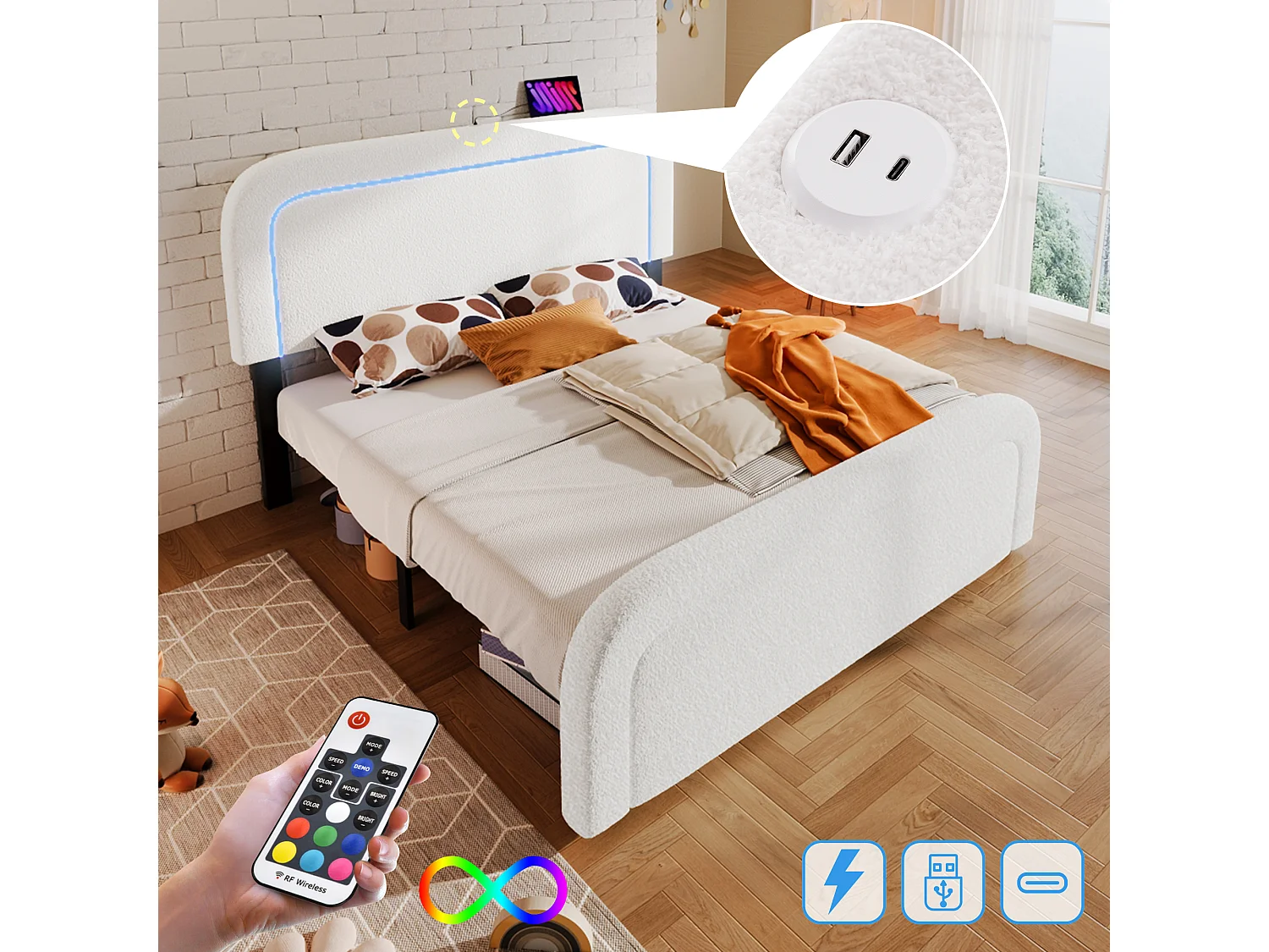 Gewatteerd tweepersoonsbed Sherpa - 140x200cm - met LED en oplaadpoorten - Wit