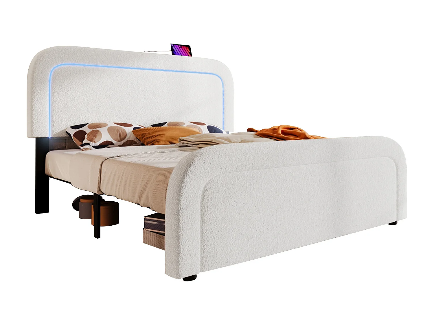 Gewatteerd tweepersoonsbed Sherpa - 140x200cm - met LED en oplaadpoorten - Wit