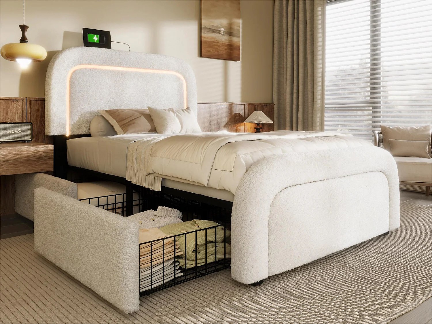 Lit simple rembourré en sherpa avec 2 tiroirs - 90x200cm - avec LED et ports de charge - Blanc