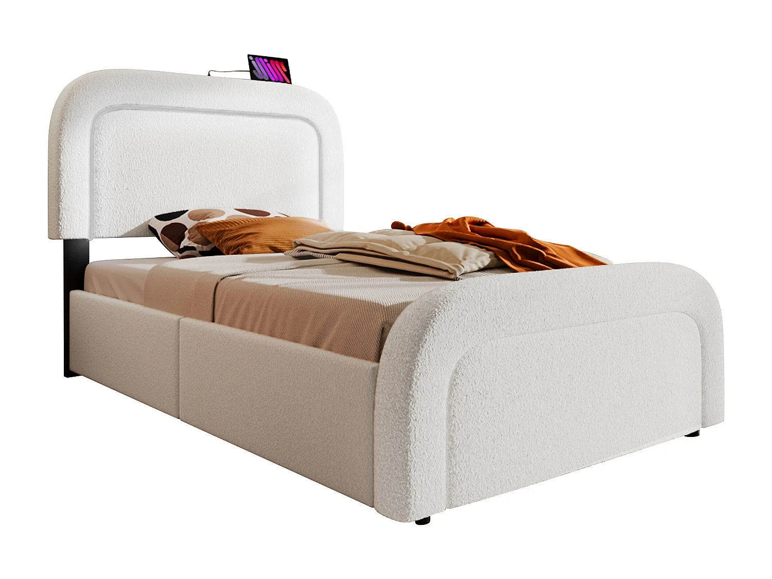 Lit simple rembourré en sherpa avec 2 tiroirs - 90x200cm - avec LED et ports de charge - Blanc