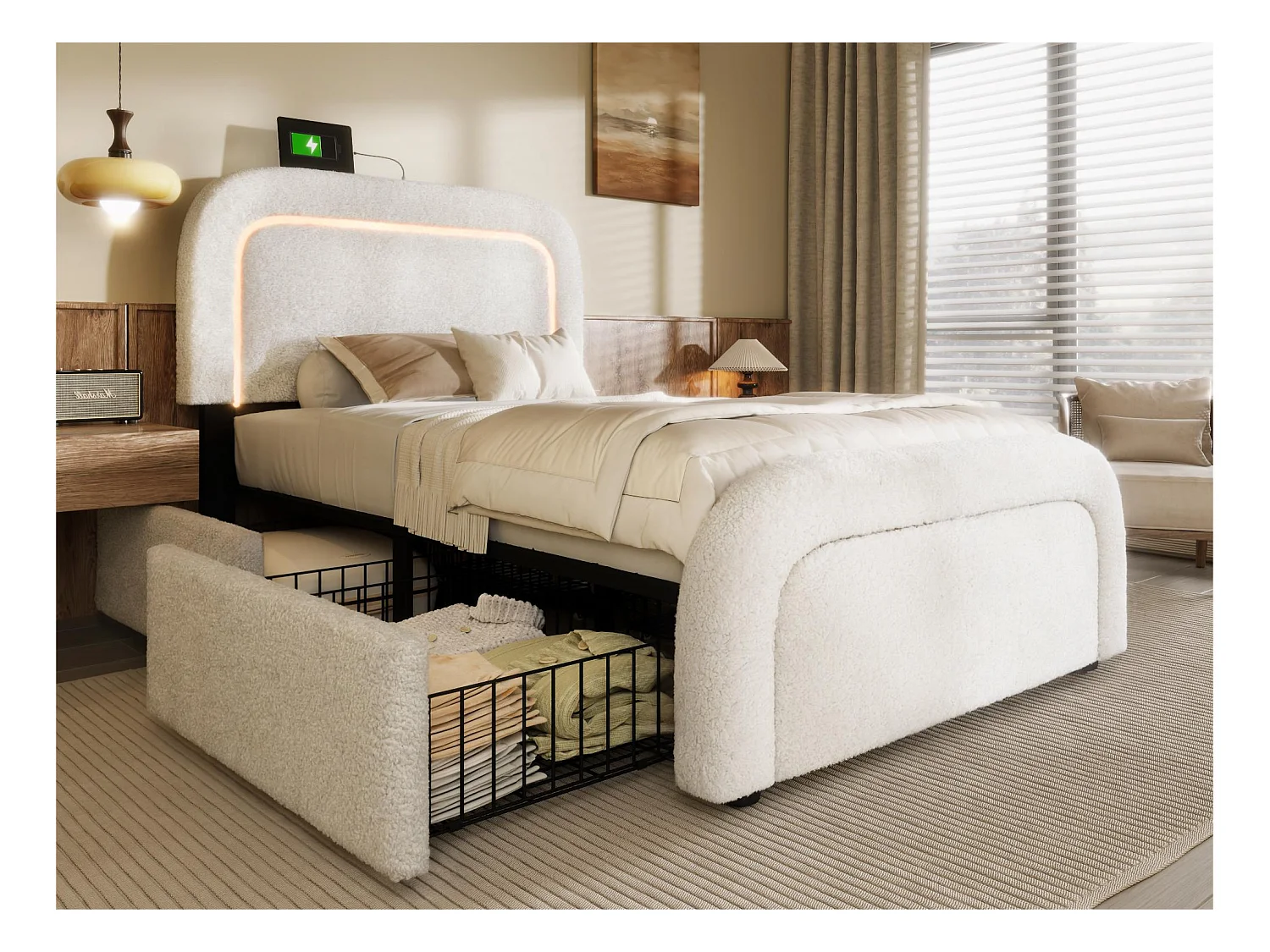 Lit simple rembourré en sherpa avec 2 tiroirs - 90x200cm - avec LED et ports de charge - Blanc