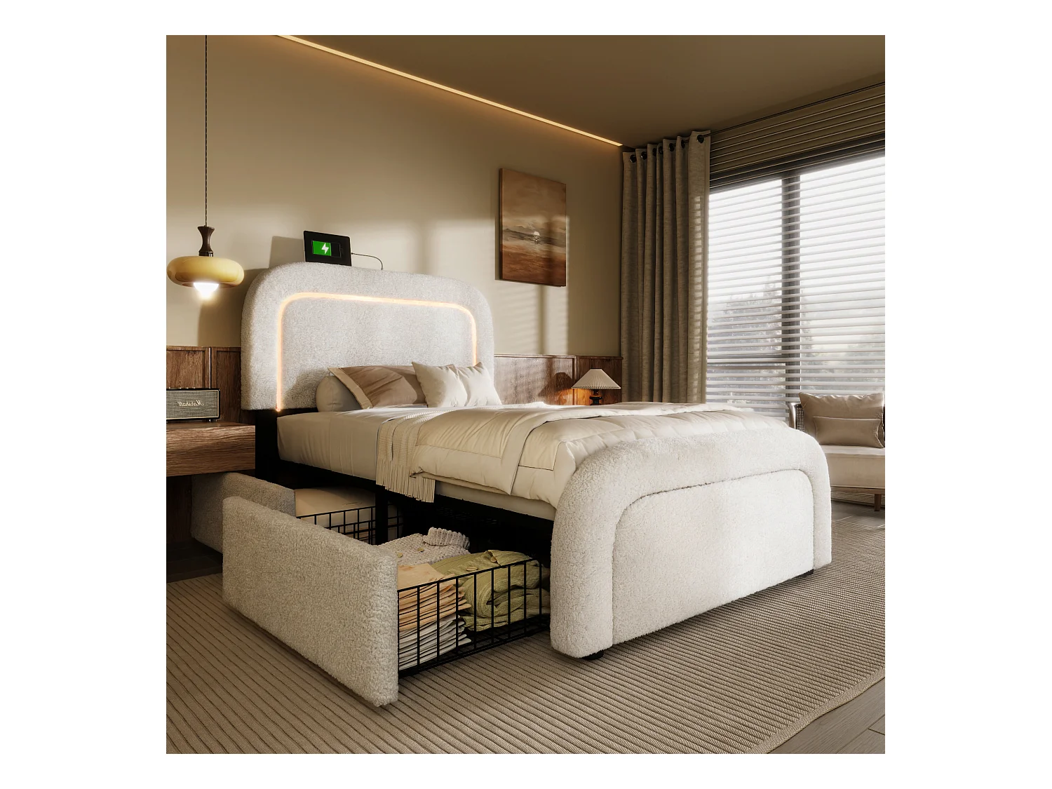 Cama individual acolchada Sherpa con 2 cajones - 90x200cm - con LED y puertos de carga - Blanco