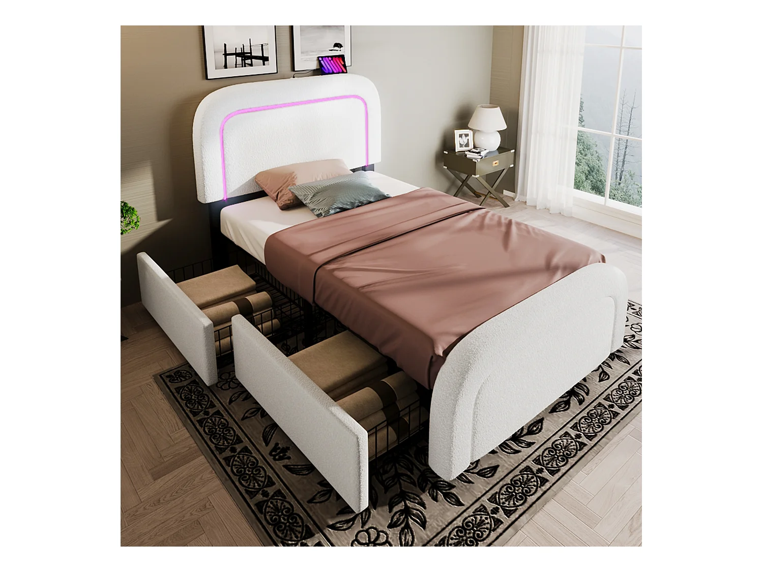 Cama individual acolchada Sherpa con 2 cajones - 90x200cm - con LED y puertos de carga - Blanco