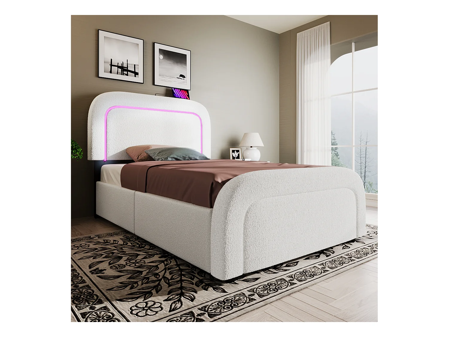 Cama individual acolchada Sherpa con 2 cajones - 90x200cm - con LED y puertos de carga - Blanco