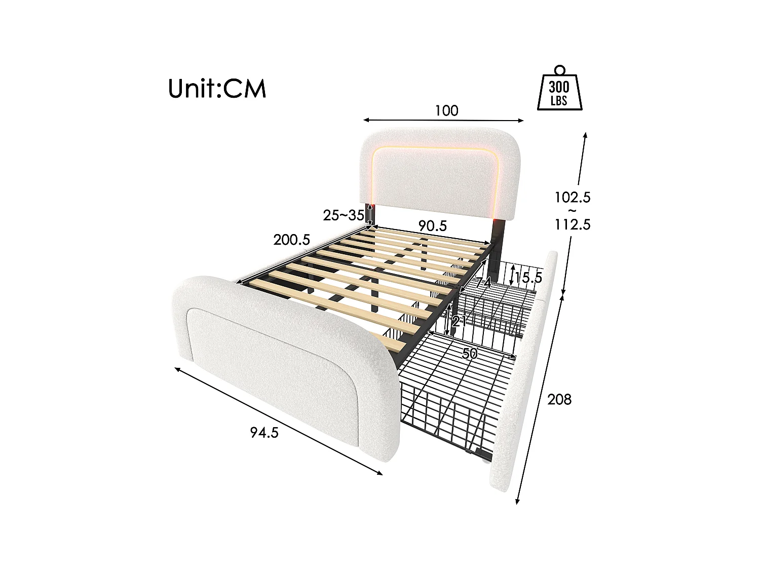 Cama individual acolchada Sherpa con 2 cajones - 90x200cm - con LED y puertos de carga - Blanco