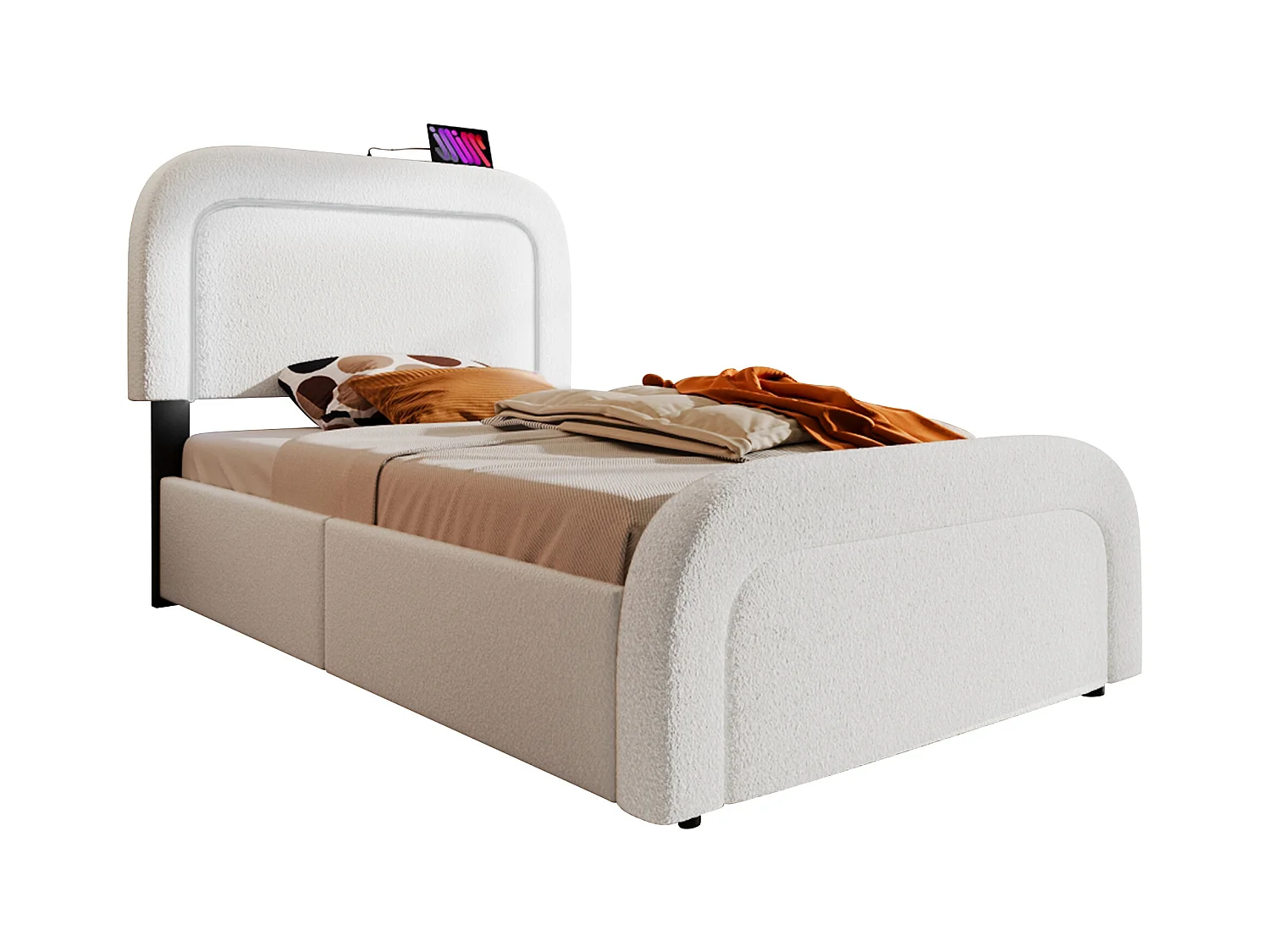 Cama individual acolchada Sherpa con 2 cajones - 90x200cm - con LED y puertos de carga - Blanco