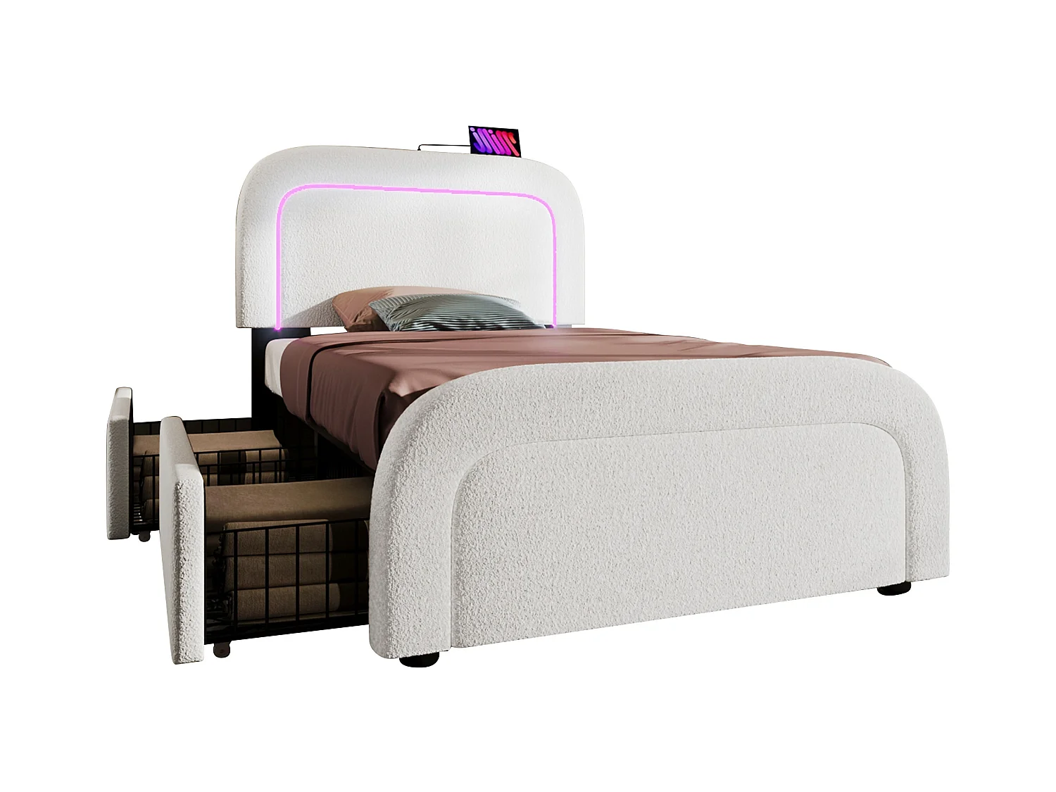 Cama individual acolchada Sherpa con 2 cajones - 90x200cm - con LED y puertos de carga - Blanco