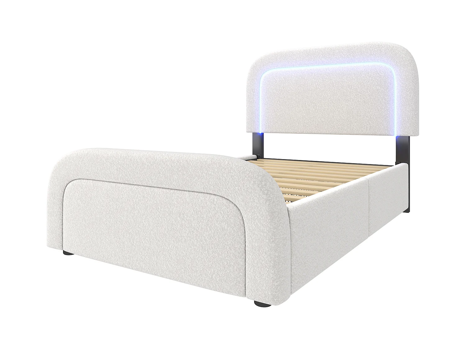 Cama individual acolchada Sherpa con 2 cajones - 90x200cm - con LED y puertos de carga - Blanco