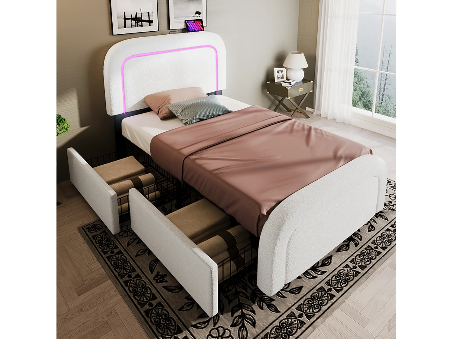 Sherpa gewatteerd eenpersoonsbed met 2 lades - 90x200cm - met LED en oplaadpoorten - Wit