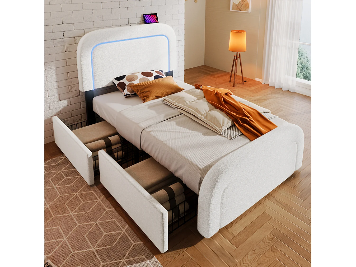 Sherpa gewatteerd eenpersoonsbed met 2 lades - 90x200cm - met LED en oplaadpoorten - Wit