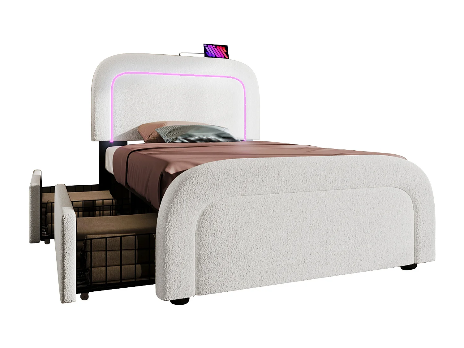 Sherpa gewatteerd eenpersoonsbed met 2 lades - 90x200cm - met LED en oplaadpoorten - Wit