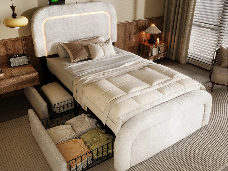 Sherpa gewatteerd eenpersoonsbed met 2 lades - 90x200cm - met LED en oplaadpoorten - Wit