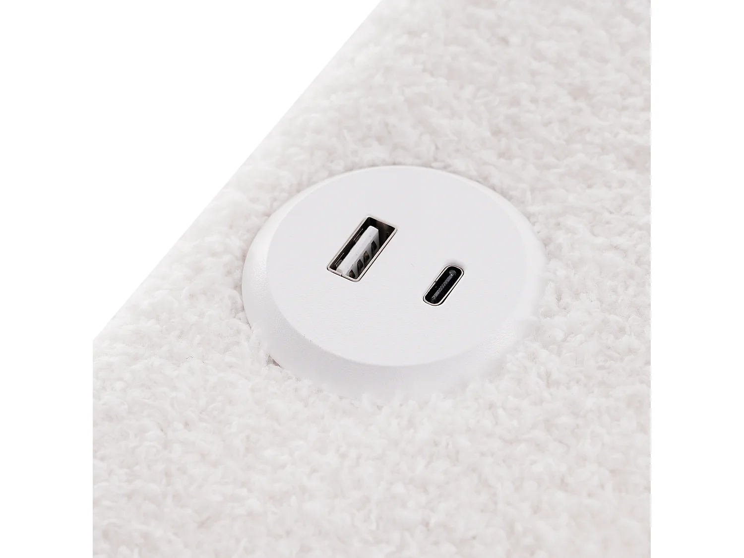 Lit double rembourré en sherpa avec 4 tiroirs - 140x200cm - avec LED et ports de charge - Blanc