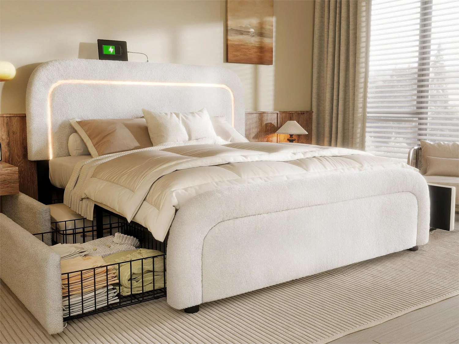 Lit double rembourré en sherpa avec 4 tiroirs - 140x200cm - avec LED et ports de charge - Blanc