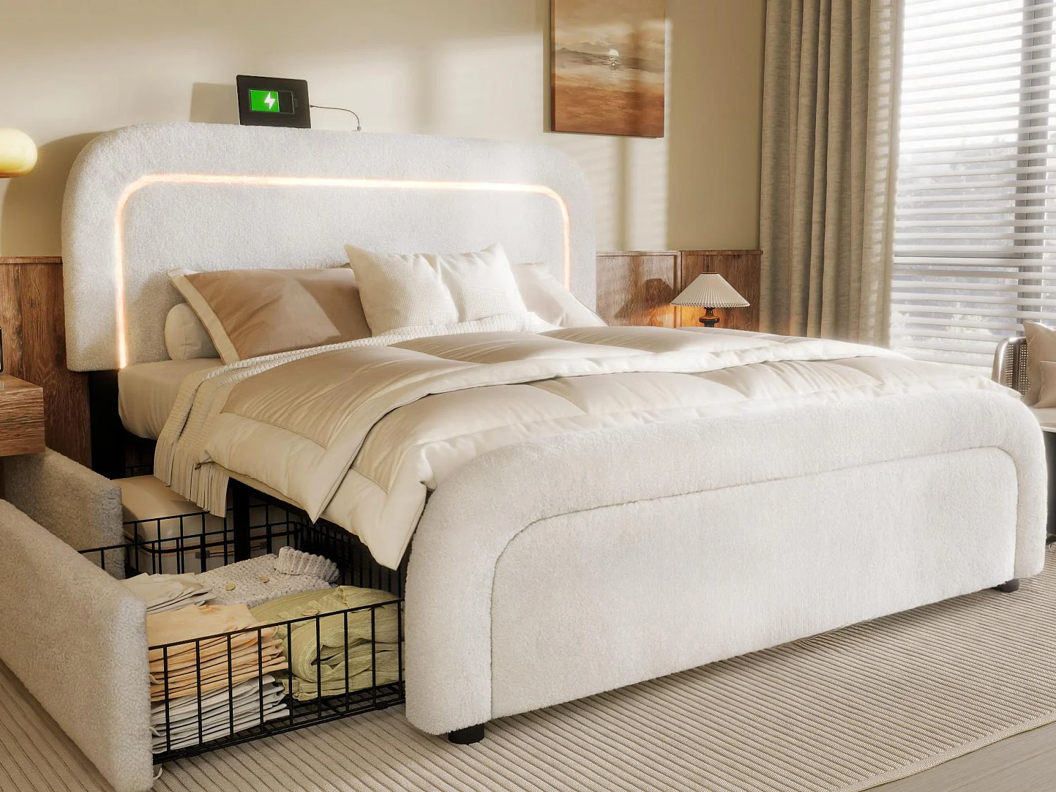 Lit double rembourré en sherpa avec 4 tiroirs - 140x200cm - avec LED et ports de charge - Blanc