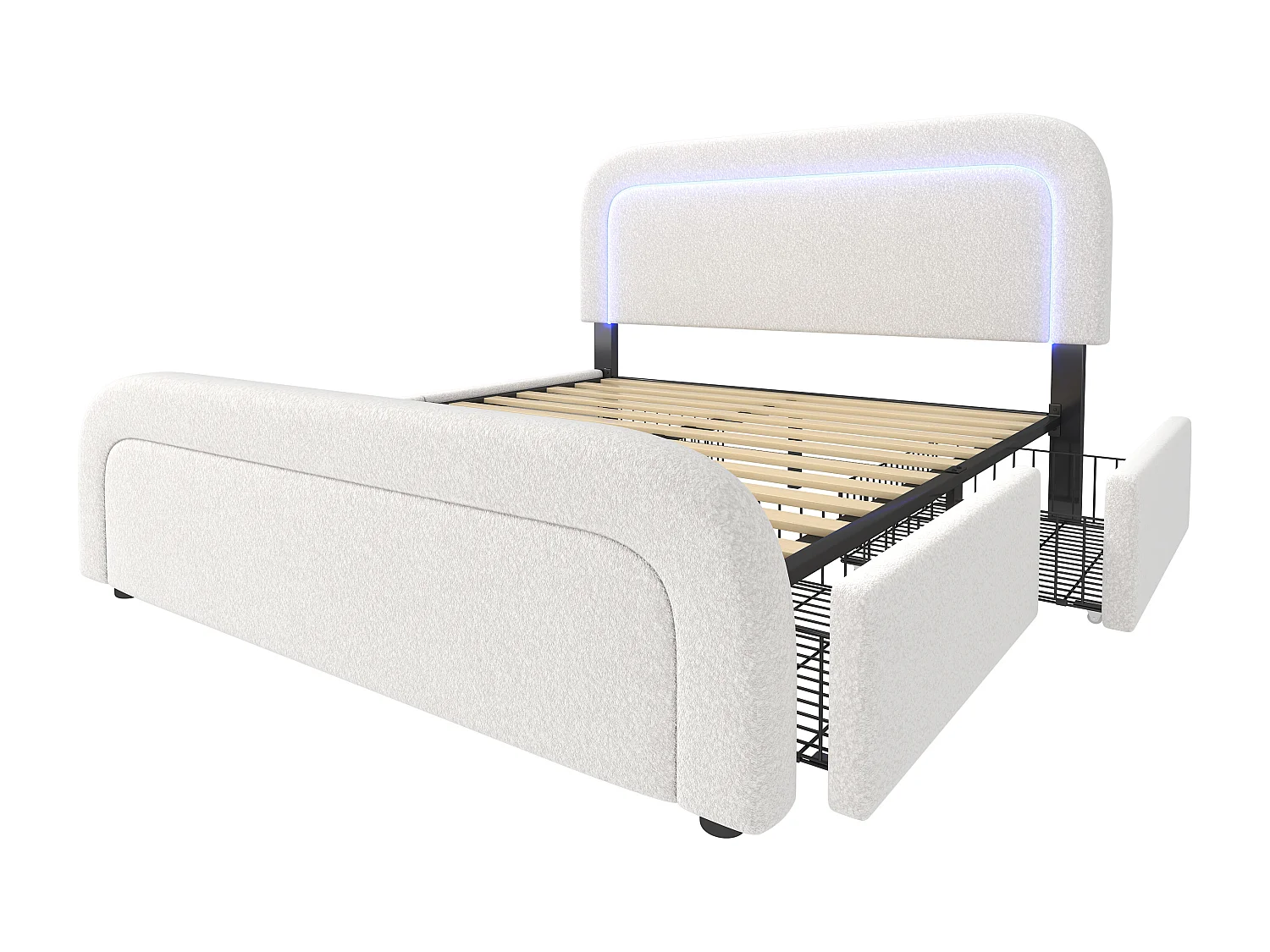 Lit double rembourré en sherpa avec 4 tiroirs - 140x200cm - avec LED et ports de charge - Blanc