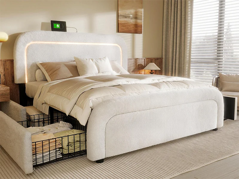 Sherpa gewatteerd tweepersoonsbed met 4 lades - 140x200cm - met LED en oplaadpoorten - Wit