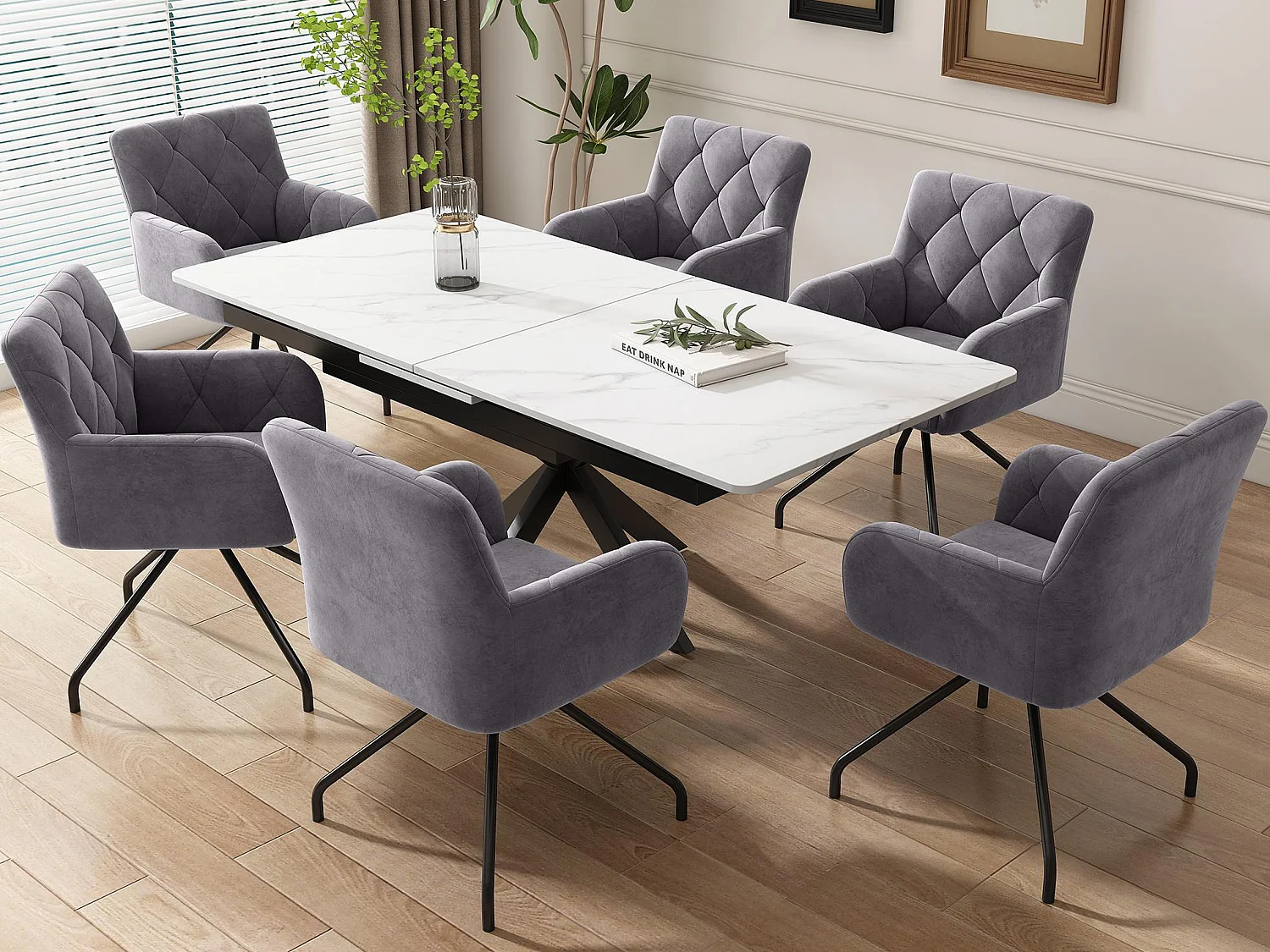 Set van 6 fluwelen gestoffeerde stoelen met metalen poten - grijs