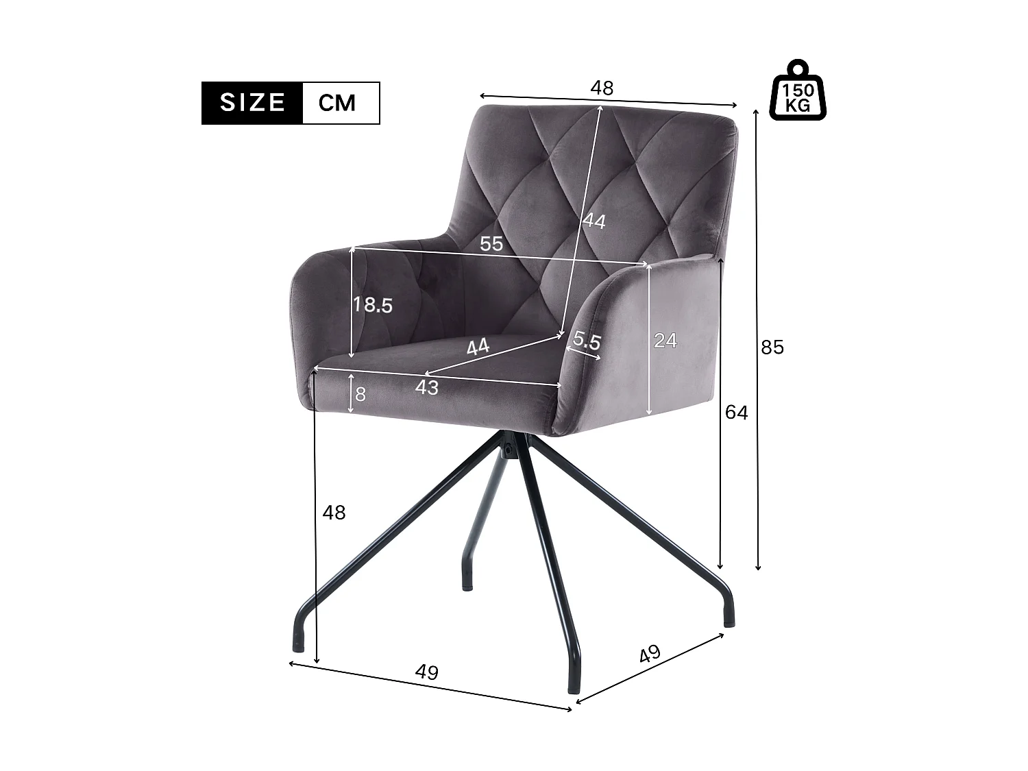 Lot de 4 Chaises rembourrées en velours avec pieds en métal - Gris