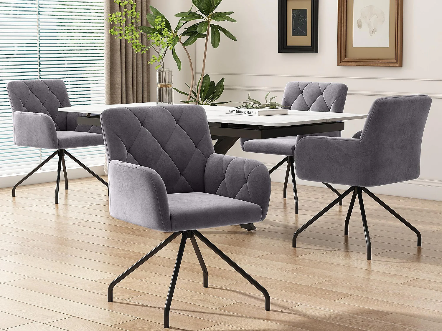 Set van 4 fluwelen gestoffeerde stoelen met metalen poten - grijs