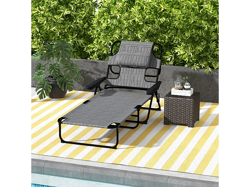 Bain de soleil transat pliable inclinable - coussins, espace tête - acier noir polyester gris chiné